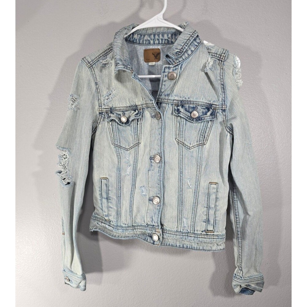American Eagle Distressed Denim Jacket Womens Size Small Destroyed Distressed BD